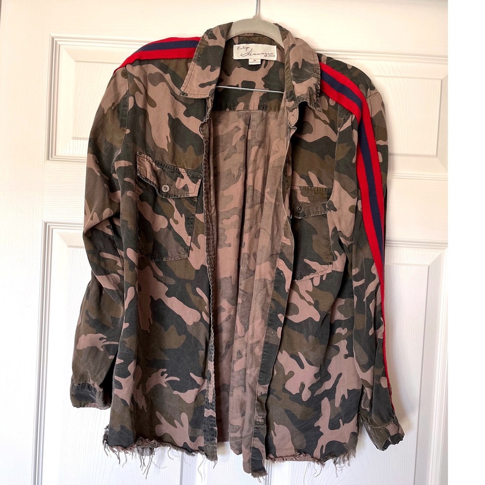 Vintage Havana Camo Button Down Shirt Jacket Raw Hem Red Stripe CC6205 Medium